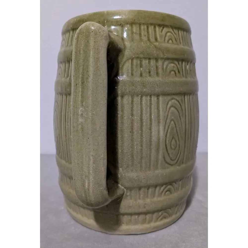 Vintage McCoy Pottery Green Barrel Pitcher Mid Century Stoneware Cider Jug 7.5
